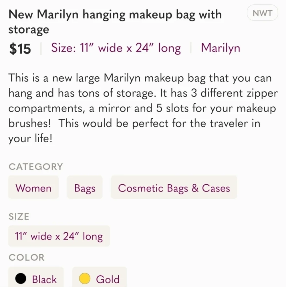 New Marilyn hanging makeup bag with storage
